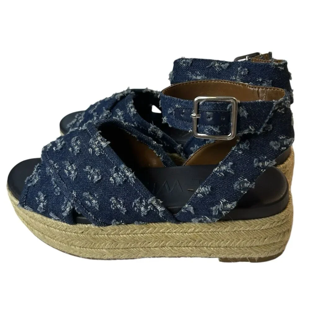 Nine West Espadrille Platform Sandals 6M Showrunner Denim Ankle Strap Open Toe